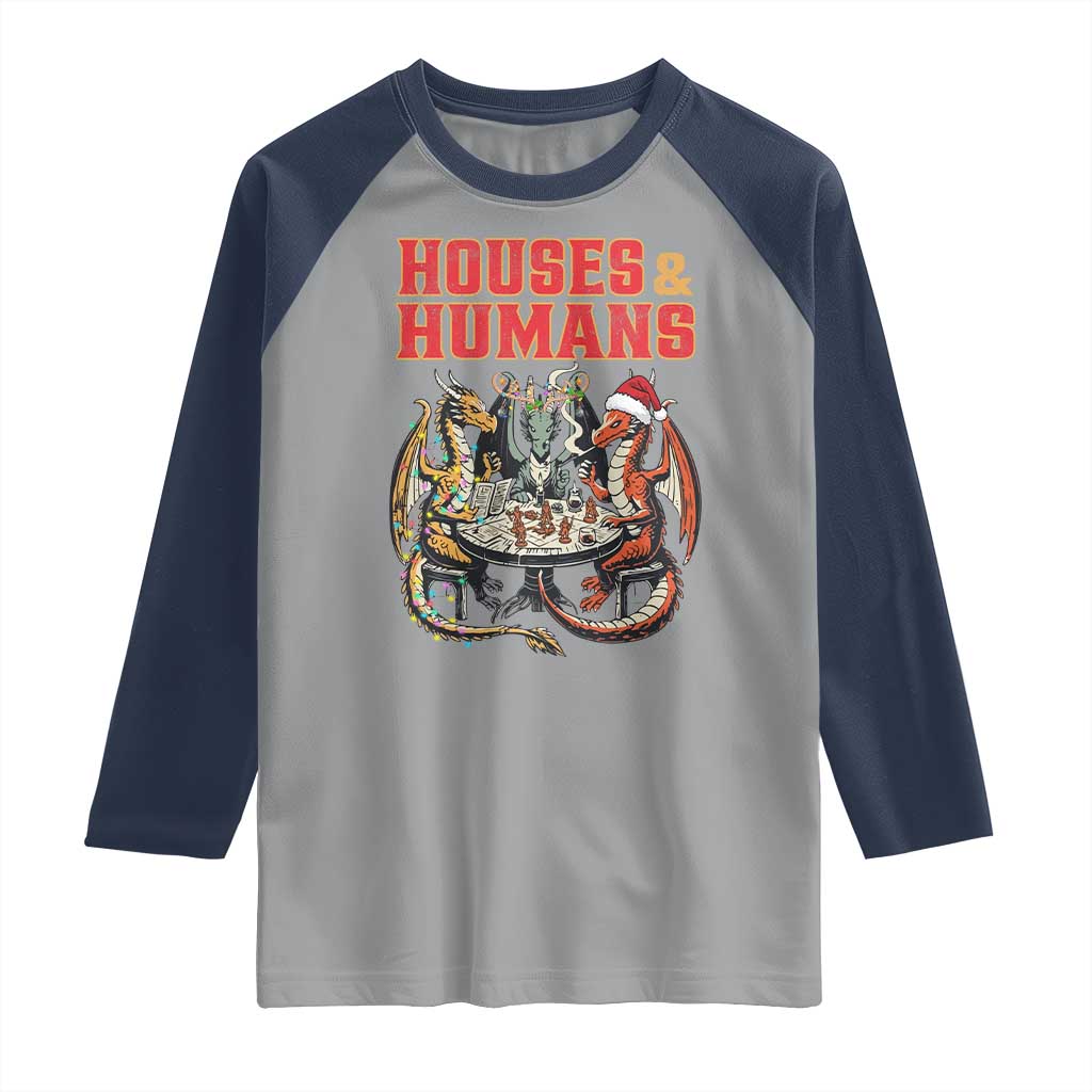 Funny Rpg Christmas Game Raglan Shirt Houses And Humans Tabletop Game Xmas Dragon TS11 Sport Gray Navy Print Your Wear