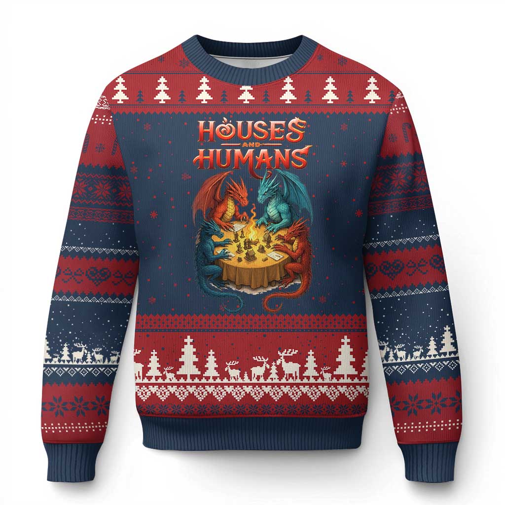 Gaming Houses and Humans Ugly Christmas Sweater Funny Rpg Parody Gamer TS11 Navy Red Print Your Wear