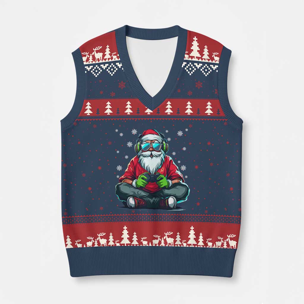 Funny Xmas Gamer Santa Claus Game Controller V-Neck Knit Sweater Vest TS11 Navy Red Print Your Wear