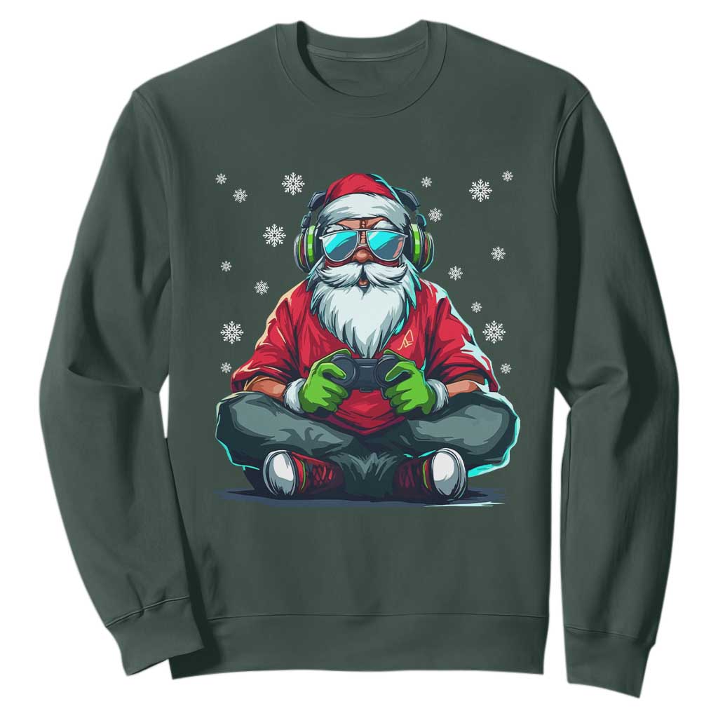 Funny Christmas Gamer Santa Claus Game Controller Sweatshirt TS11 Dark Forest Green Print Your Wear