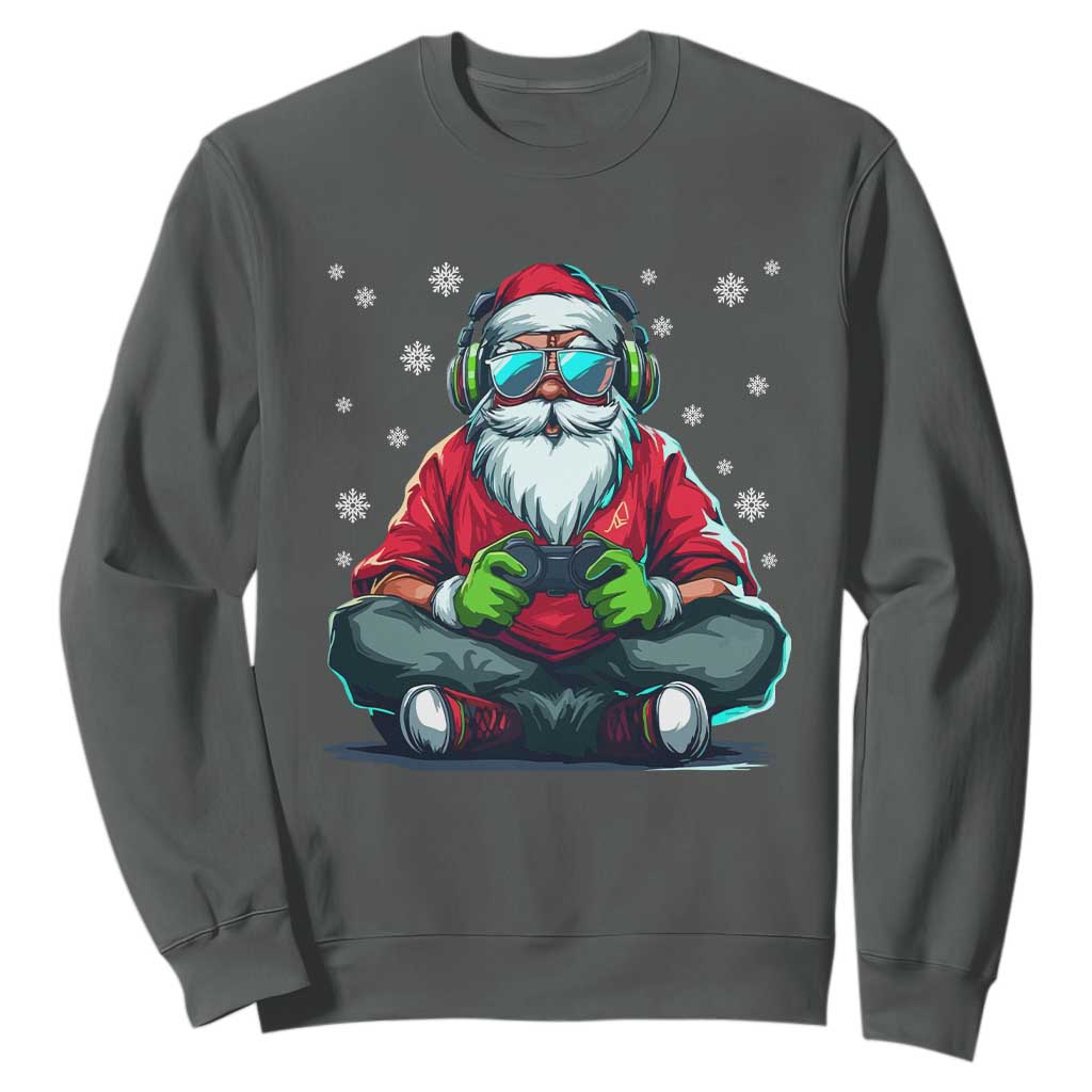 Funny Christmas Gamer Santa Claus Game Controller Sweatshirt TS11 Dark Heather Print Your Wear