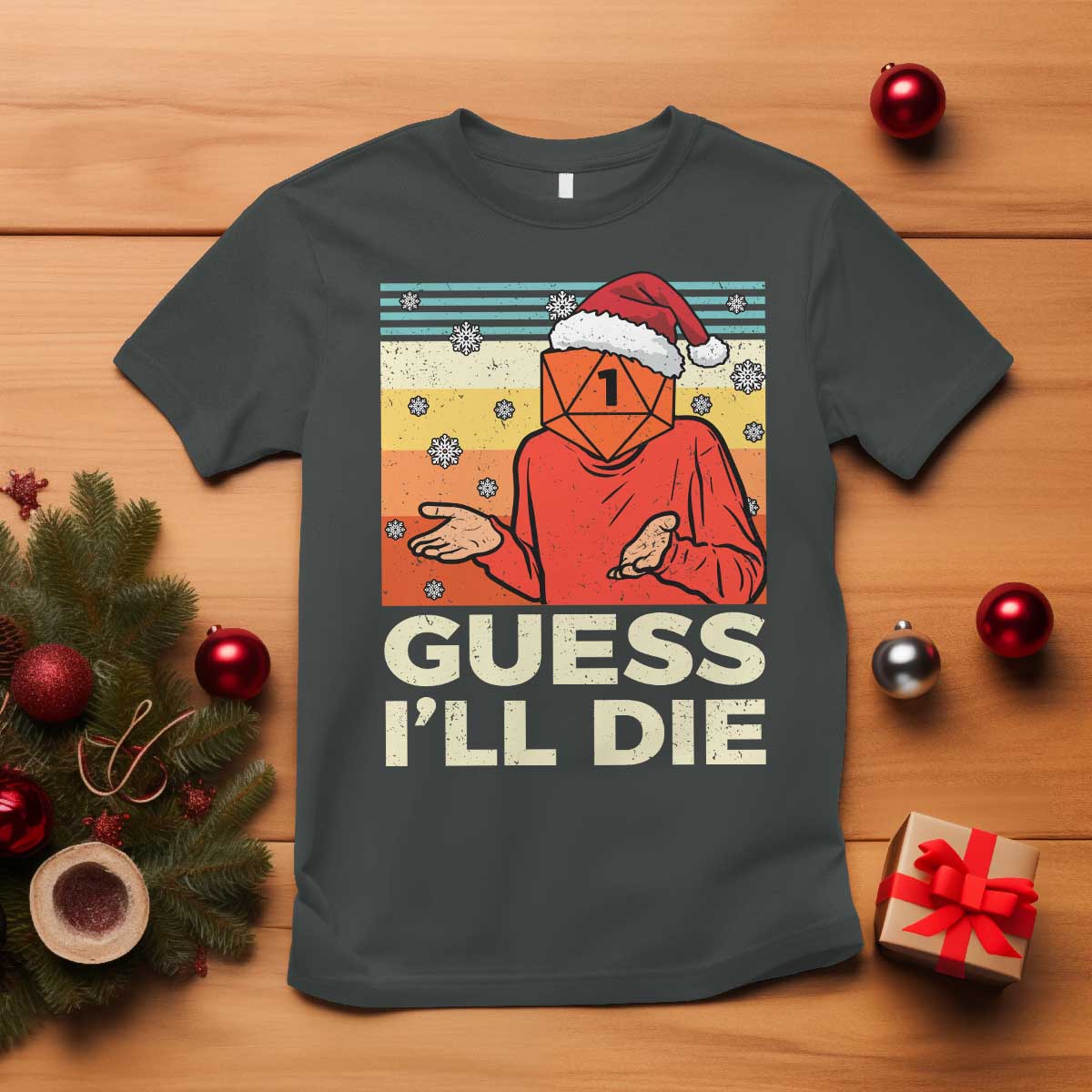 Funny Christmas Rpg Gamer T Shirt Guess l Will Die Retro Dice Santa Hat TS11 Dark Heather Print Your Wear