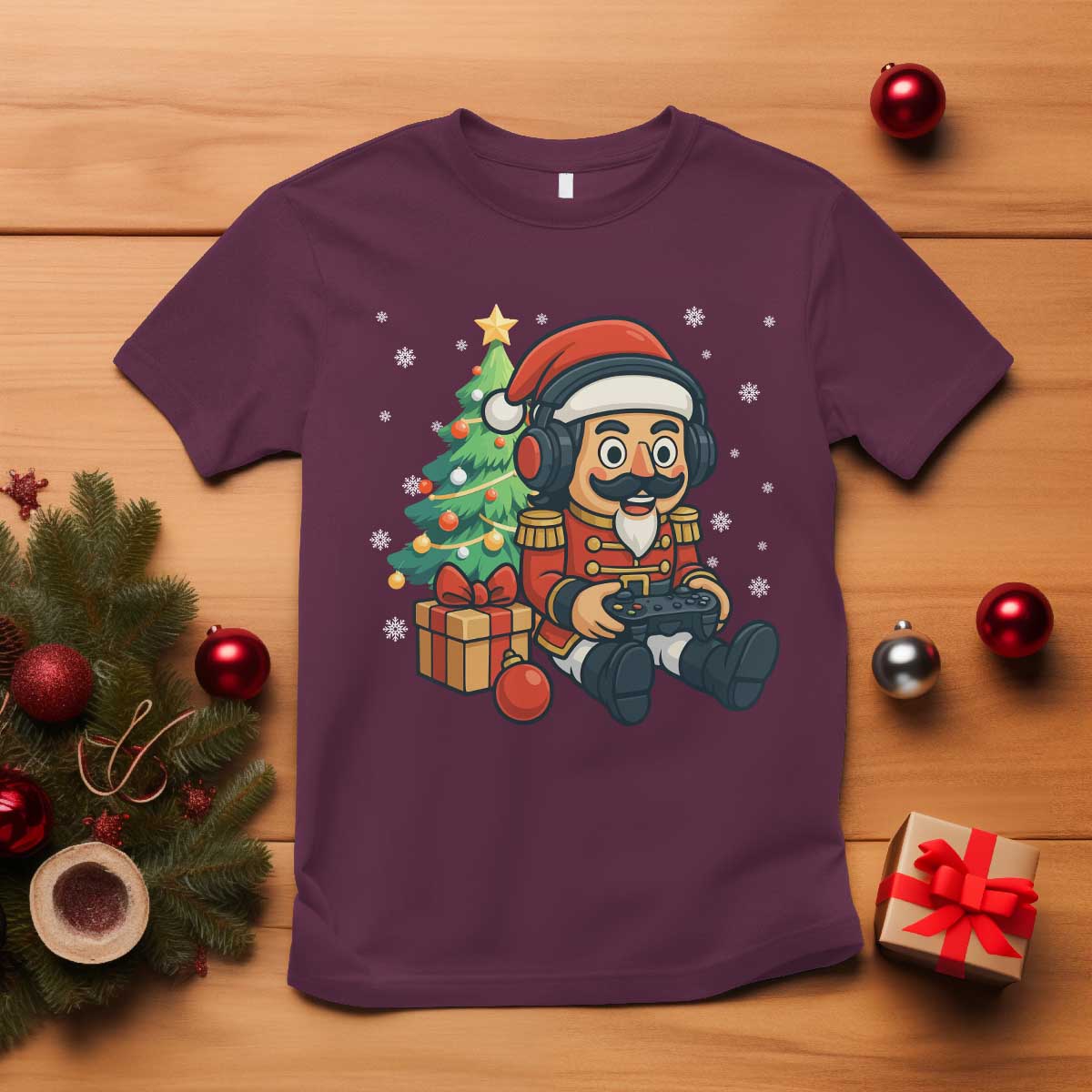 Funny Christmas Video Game Nutcracker Xmas Tree Gamer T Shirt TS11 Maroon Print Your Wear