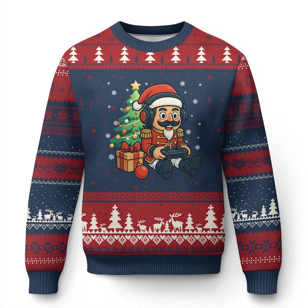 Funny Xmas Video Game Nutcracker Xmas Tree Gamer Ugly Christmas Sweater TS11 Navy Red Print Your Wear