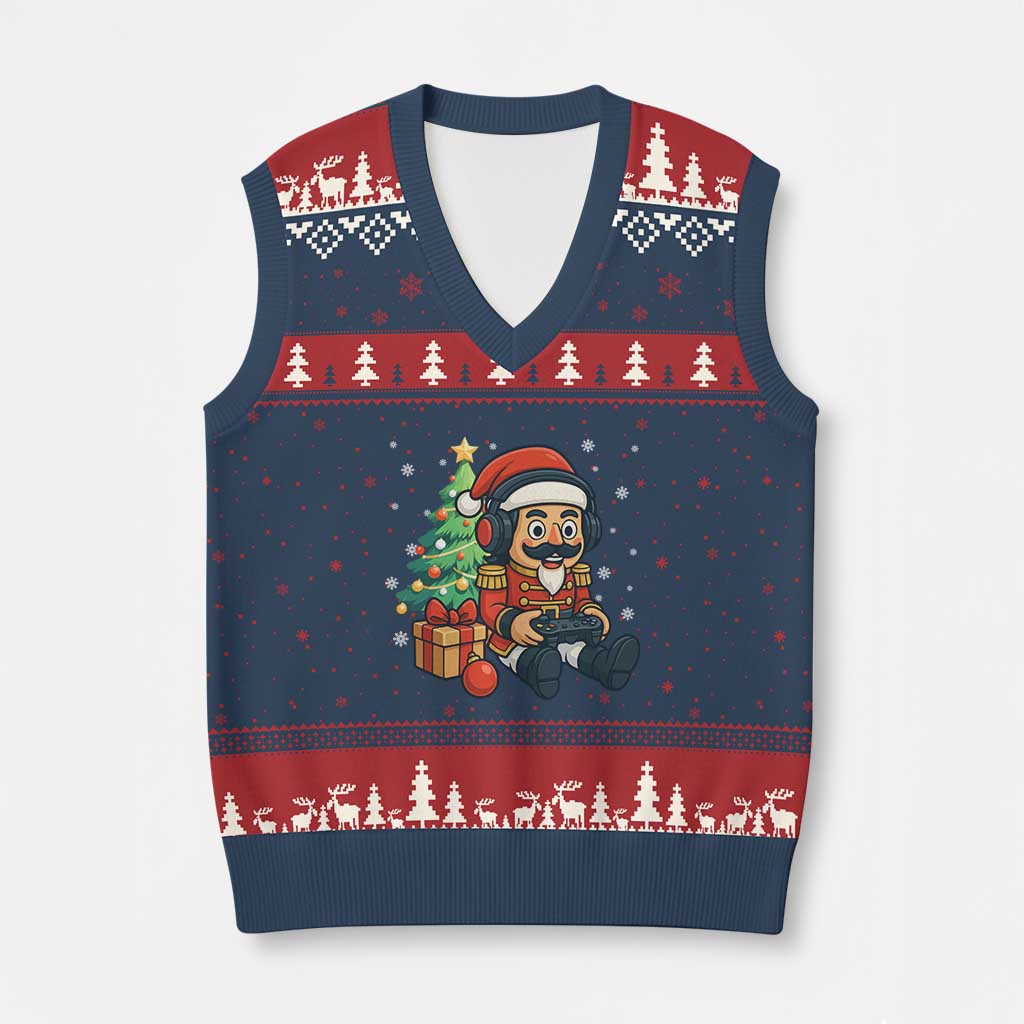 Funny Xmas Video Game Nutcracker Xmas Tree Gamer V-Neck Knit Sweater Vest TS11 Navy Red Print Your Wear