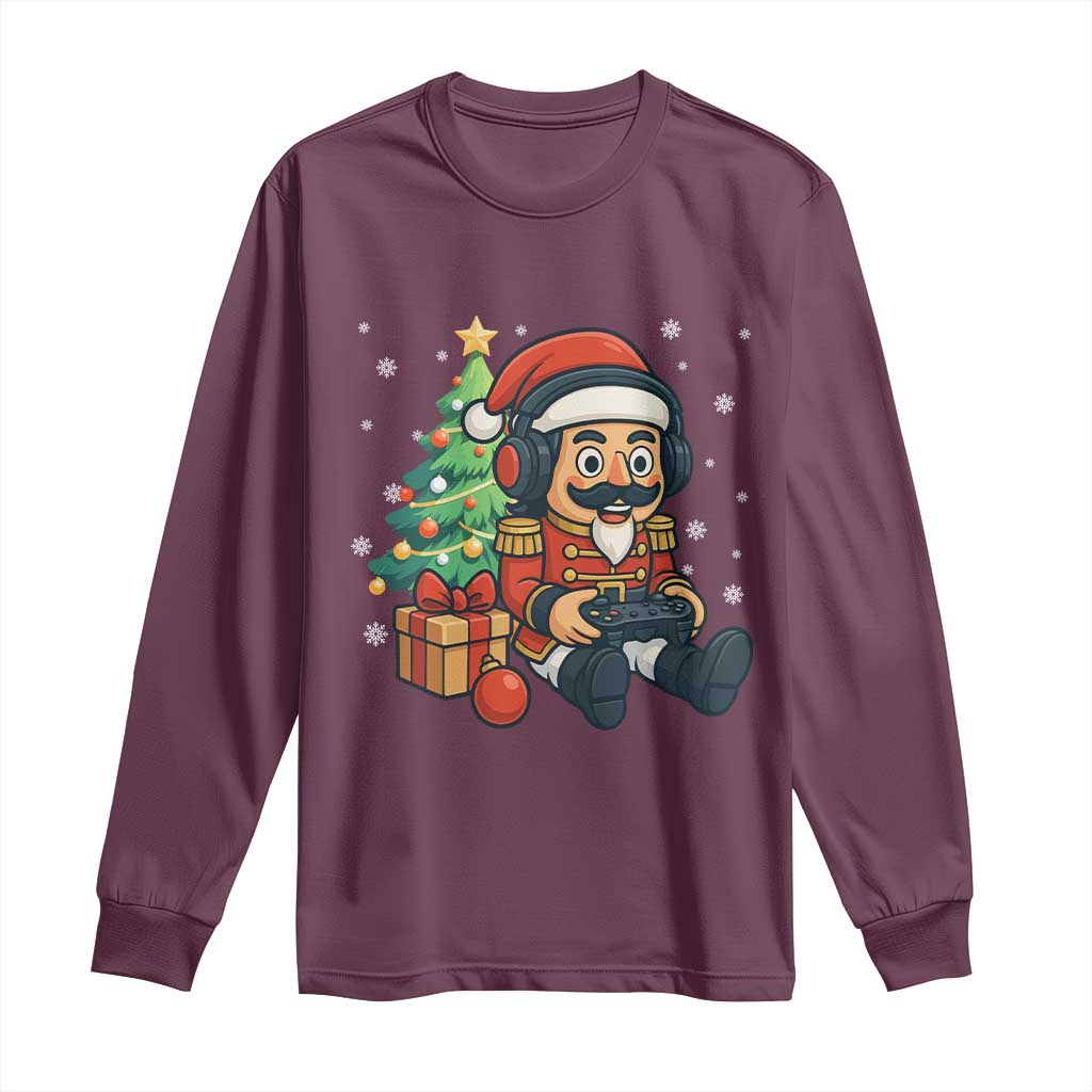 Funny Christmas Video Game Nutcracker Xmas Tree Gamer Long Sleeve Shirt TS11 Maroon Print Your Wear