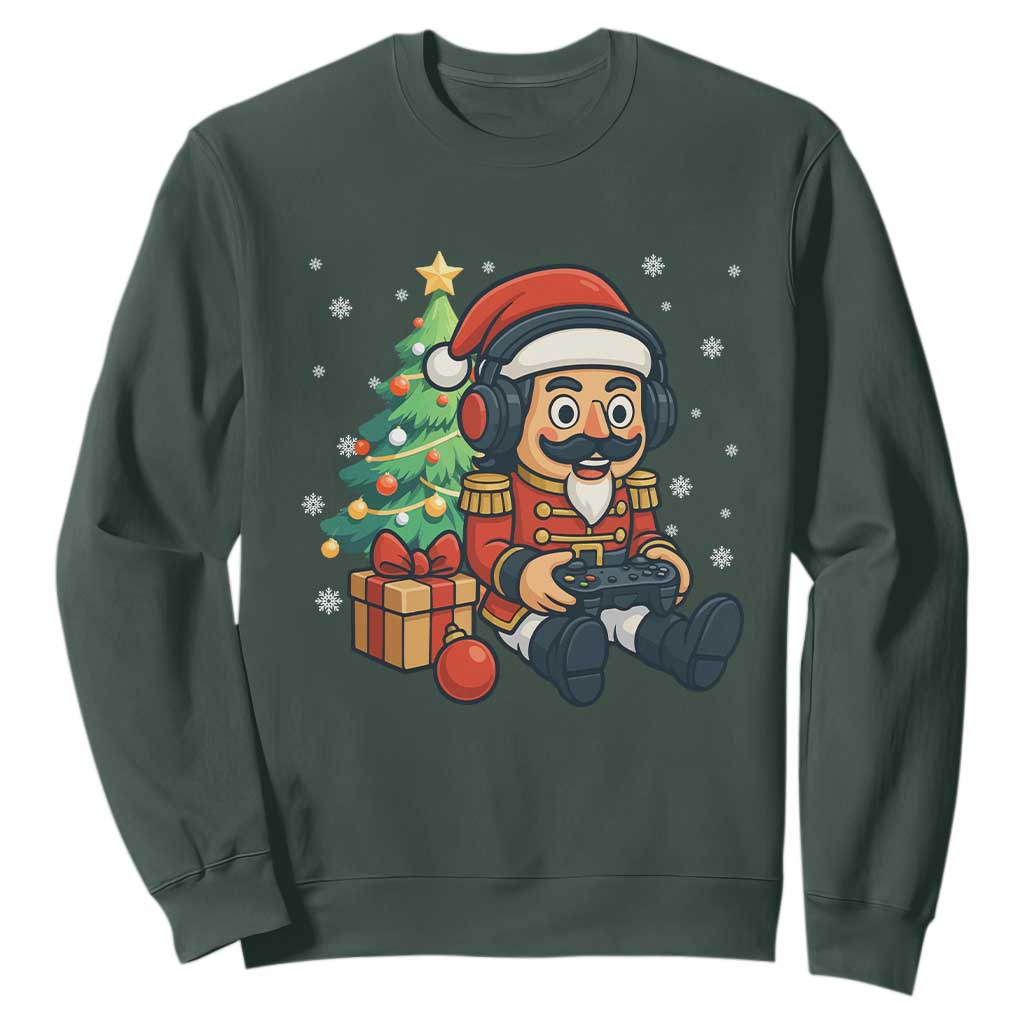 Funny Christmas Video Game Nutcracker Xmas Tree Gamer Sweatshirt TS11 Dark Forest Green Print Your Wear