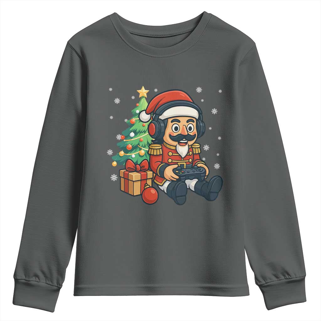 Funny Christmas Video Game Nutcracker Xmas Tree Gamer Youth Sweatshirt TS11 Dark Heather Print Your Wear