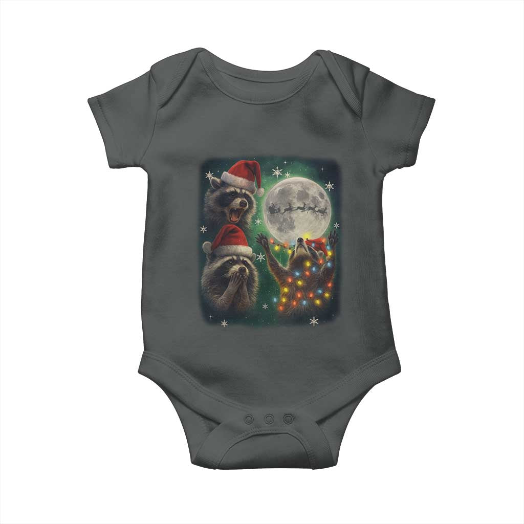 Funny Three Raccoons With The Moon Christmas Baby Onesie Santa Sleigh TS11 Dark Heather Print Your Wear