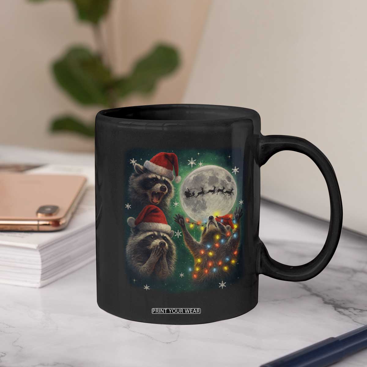 Funny Three Raccoons With The Moon Christmas Coffee Mug Santa Sleigh TS11 Print Your Wear