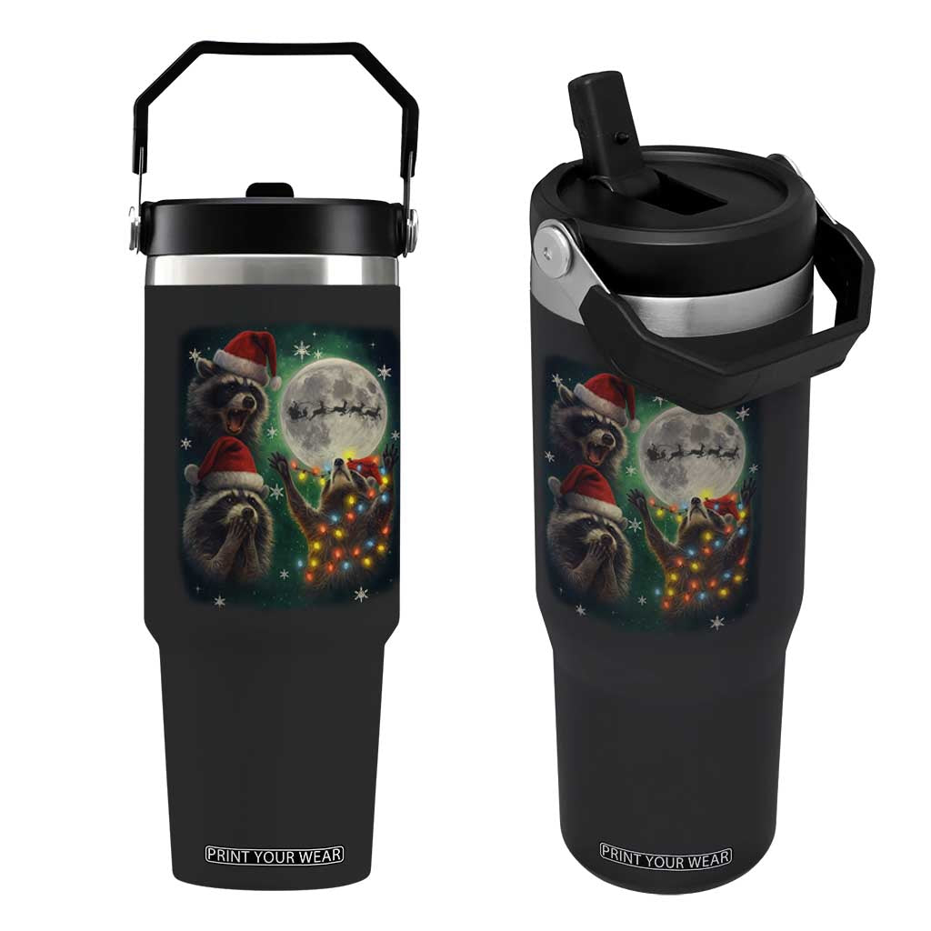 Funny Three Raccoons With The Moon Christmas Flip Straw Tumbler Santa Sleigh TS11 One Size: 30 oz Black Print Your Wear