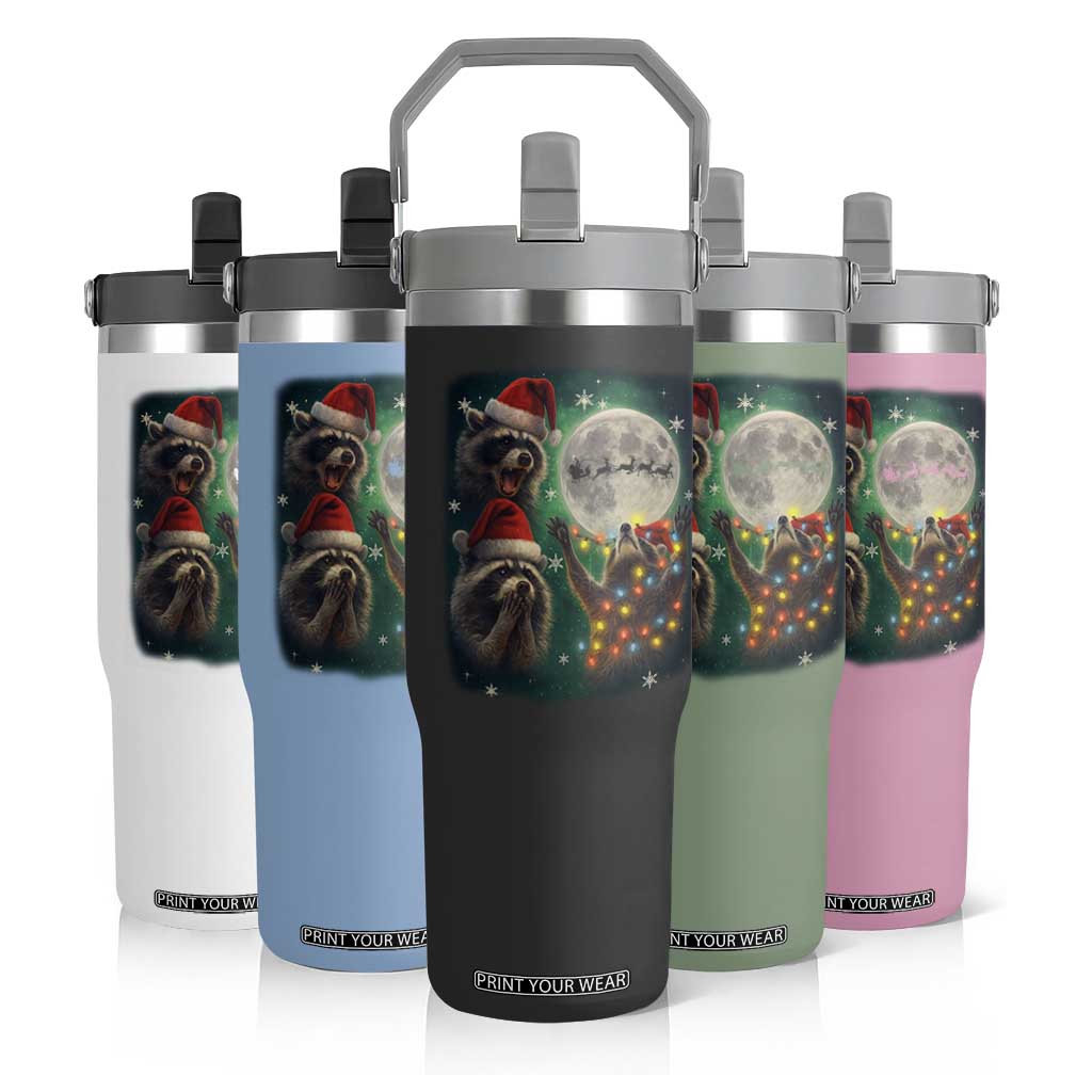 Funny Three Raccoons With The Moon Christmas Flip Straw Tumbler Santa Sleigh TS11 Print Your Wear