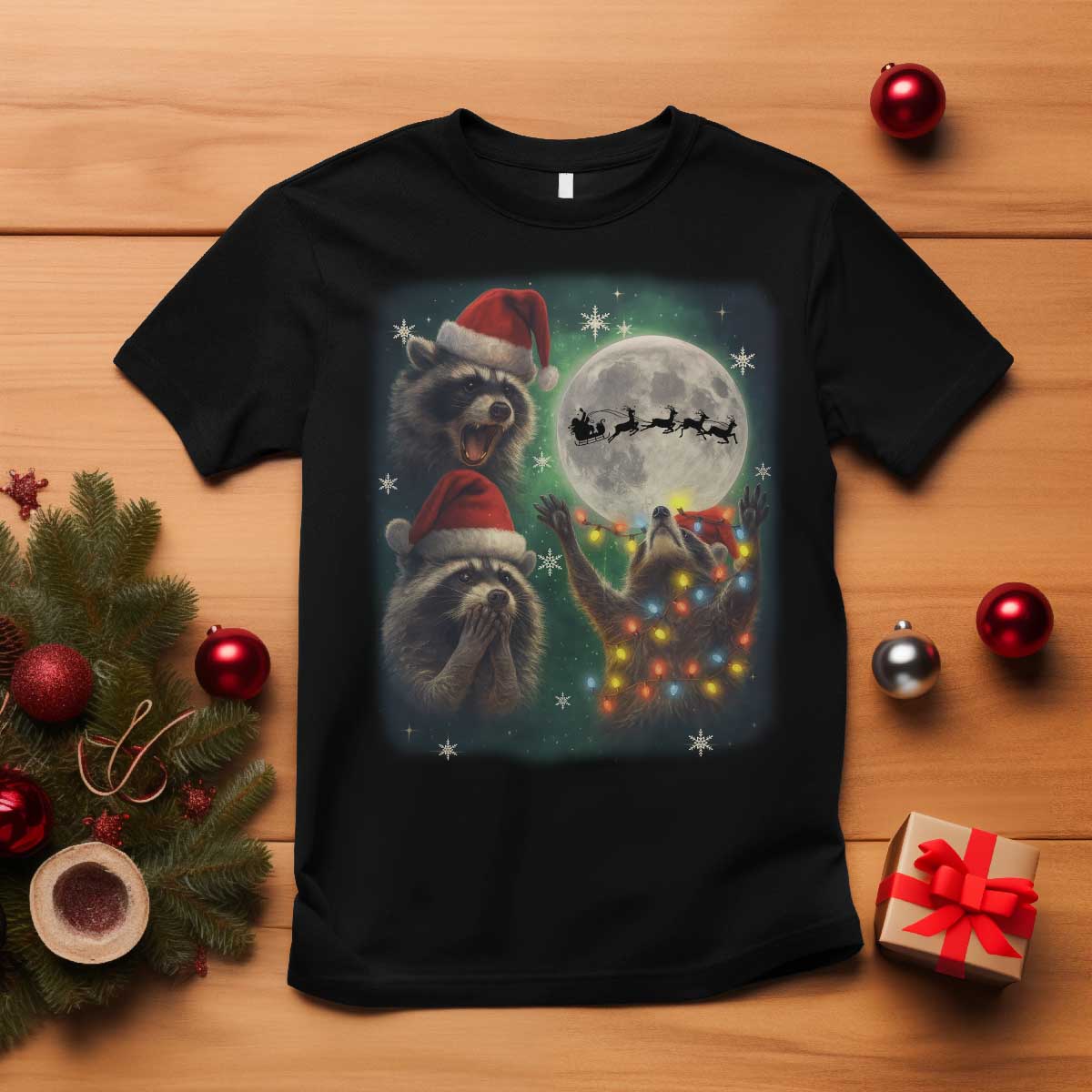 Funny Three Raccoons With The Moon Christmas T Shirt Santa Sleigh TS11 Black Print Your Wear