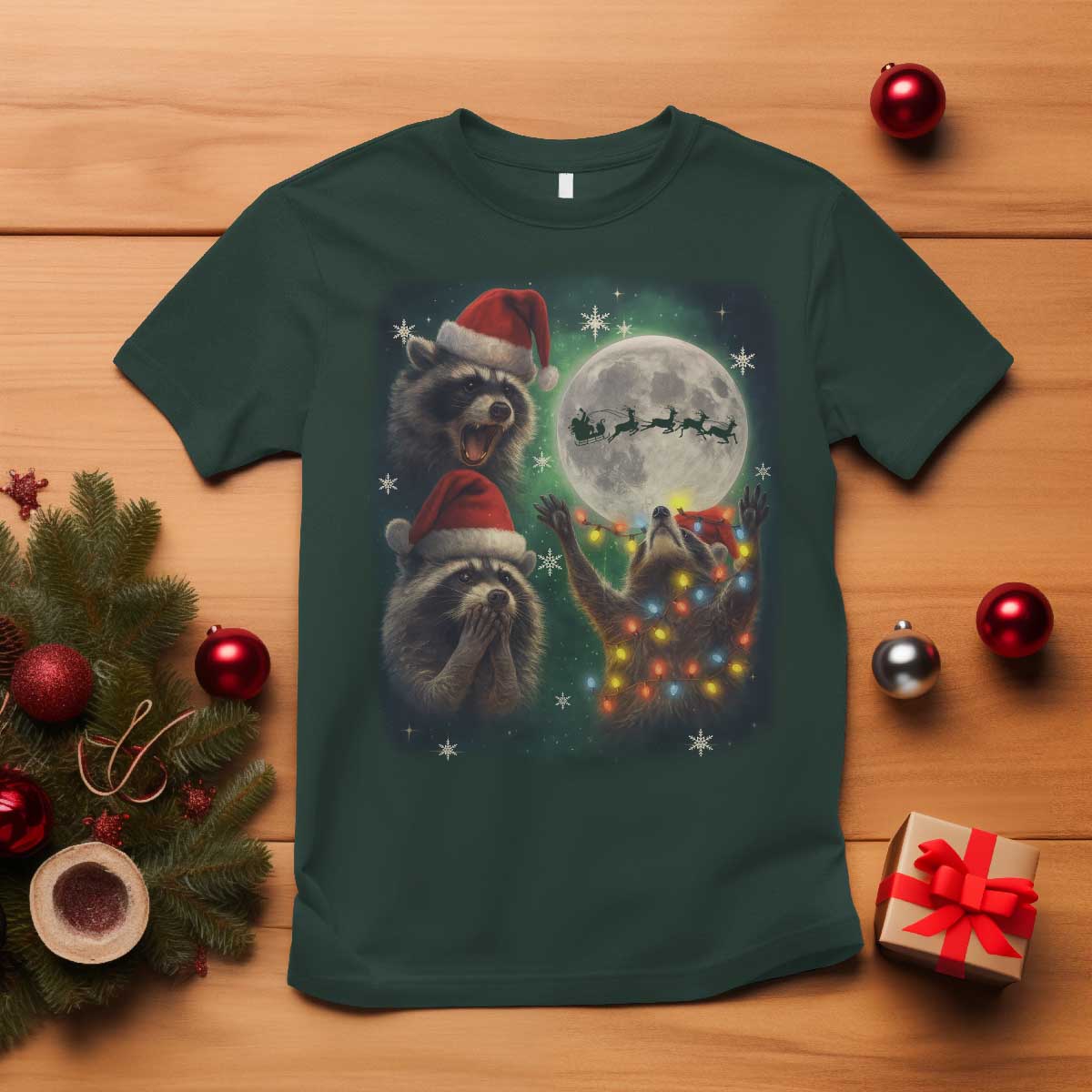 Funny Three Raccoons With The Moon Christmas T Shirt Santa Sleigh TS11 Dark Forest Green Print Your Wear