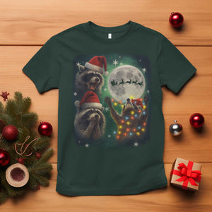 Funny Three Raccoons With The Moon Christmas T Shirt Santa Sleigh TS11 Dark Forest Green Print Your Wear