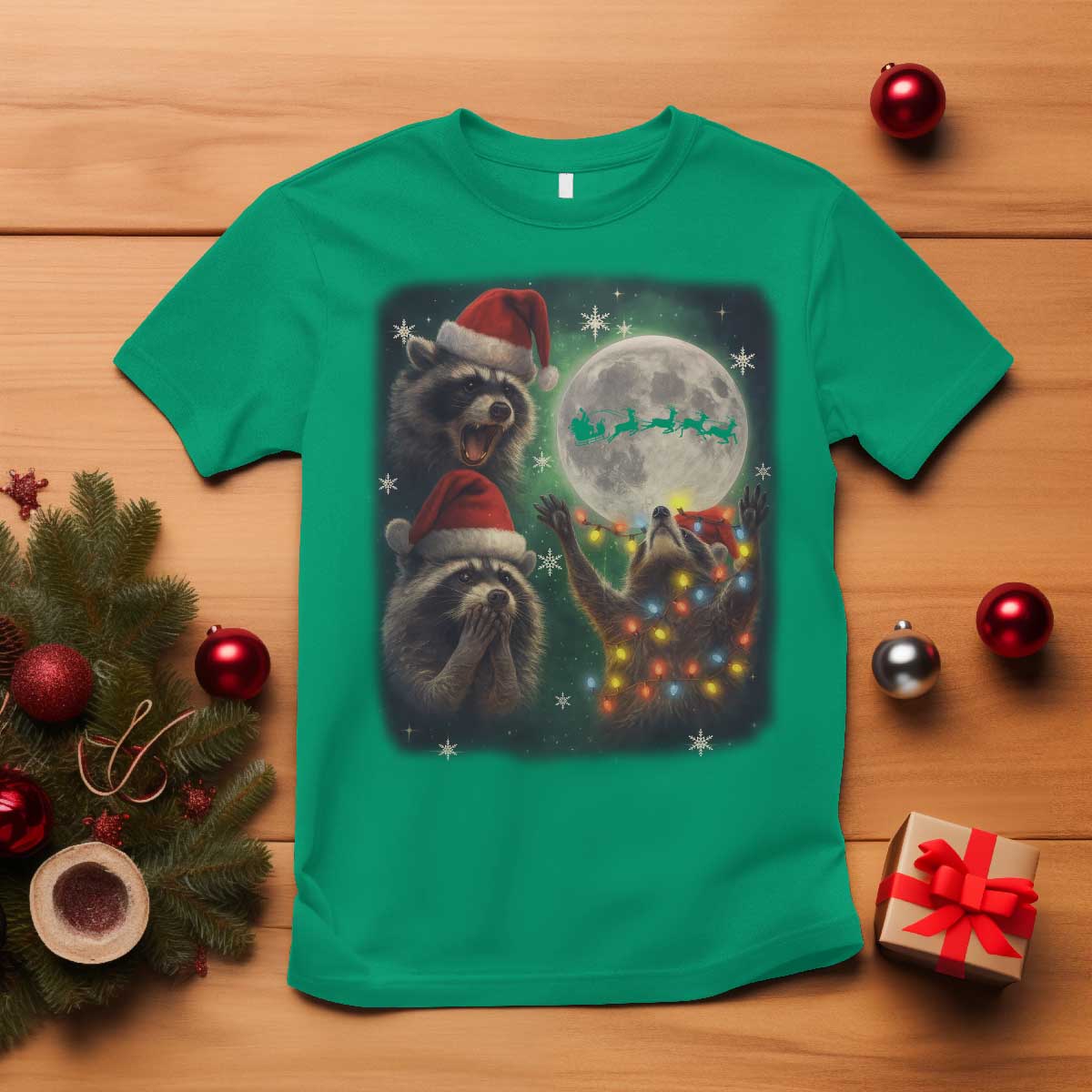 Funny Three Raccoons With The Moon Christmas T Shirt Santa Sleigh TS11 Irish Green Print Your Wear