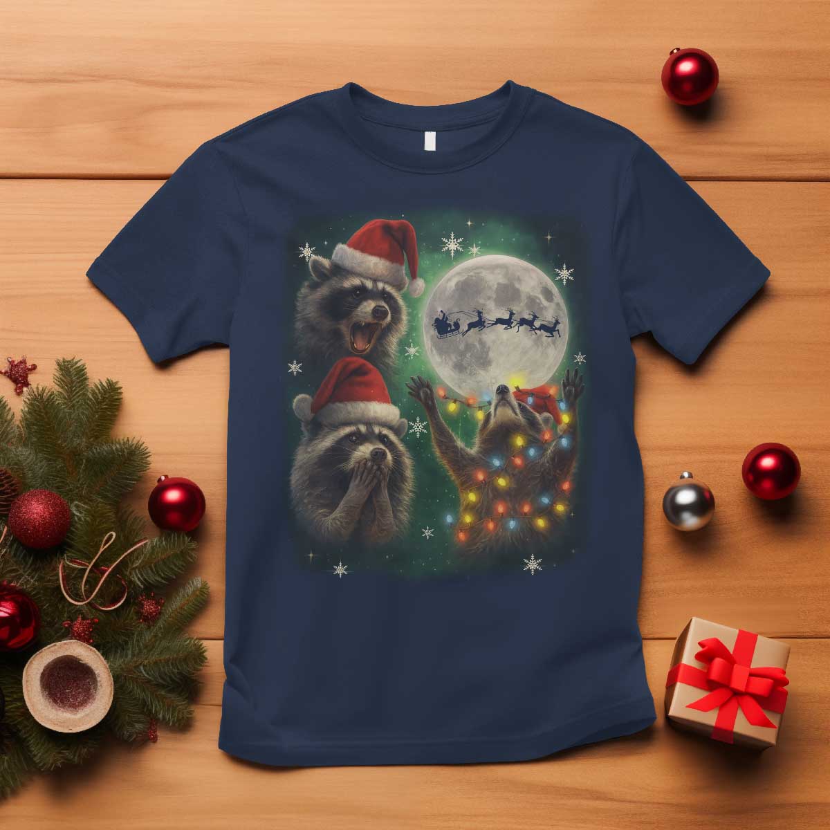 Funny Three Raccoons With The Moon Christmas T Shirt Santa Sleigh TS11 Navy Print Your Wear
