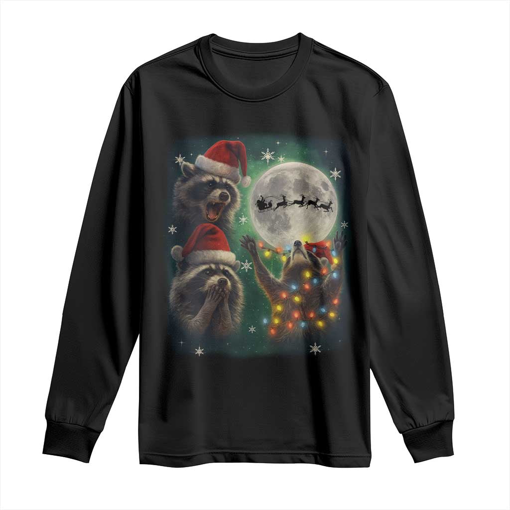 Funny Three Raccoons With The Moon Christmas Long Sleeve Shirt Santa Sleigh TS11 Black Print Your Wear
