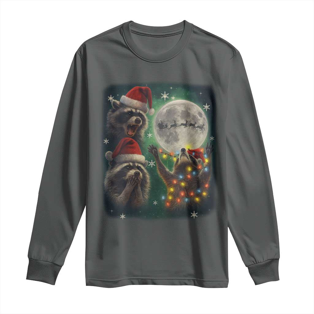 Funny Three Raccoons With The Moon Christmas Long Sleeve Shirt Santa Sleigh TS11 Dark Heather Print Your Wear