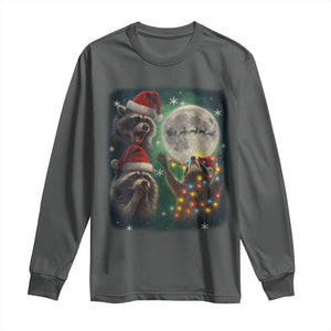 Funny Three Raccoons With The Moon Christmas Long Sleeve Shirt Santa Sleigh TS11 Dark Heather Print Your Wear