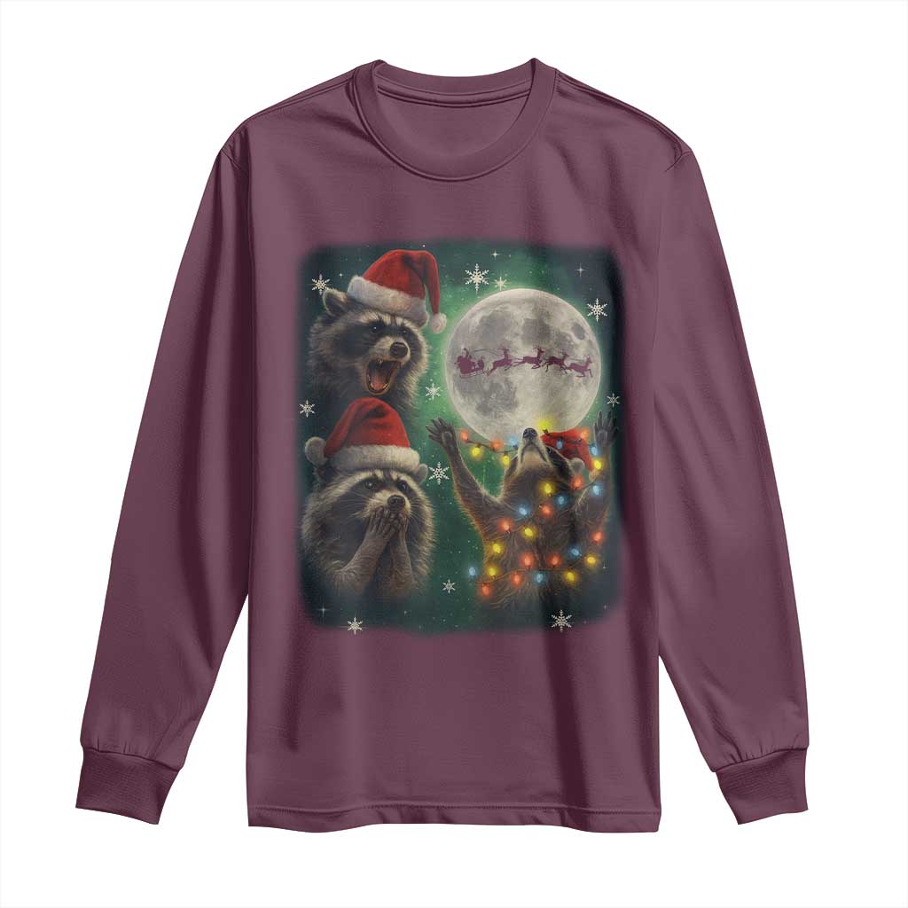 Funny Three Raccoons With The Moon Christmas Long Sleeve Shirt Santa Sleigh TS11 Maroon Print Your Wear
