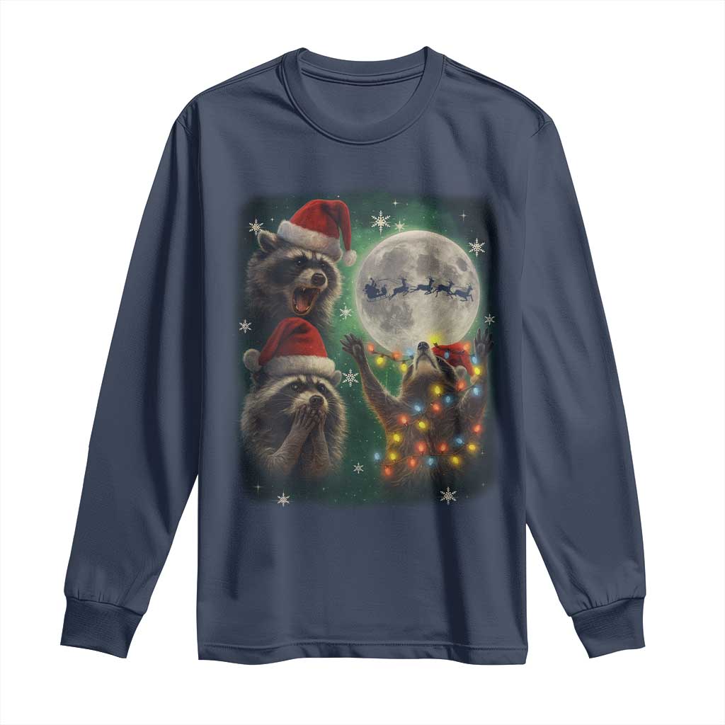 Funny Three Raccoons With The Moon Christmas Long Sleeve Shirt Santa Sleigh TS11 Navy Print Your Wear