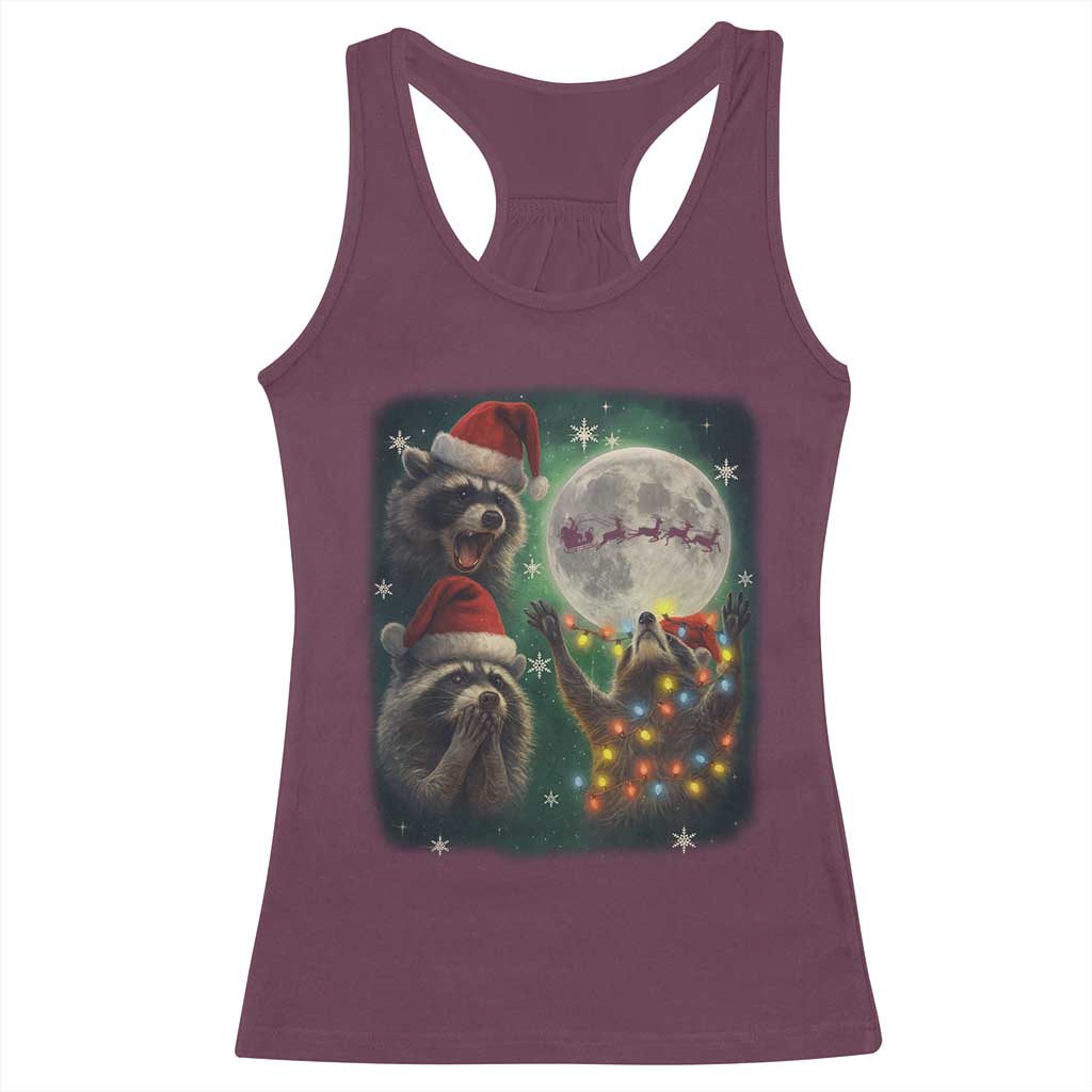 Funny Three Raccoons With The Moon Christmas Racerback Tank Top Santa Sleigh TS11 Maroon Print Your Wear