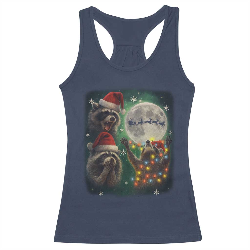 Funny Three Raccoons With The Moon Christmas Racerback Tank Top Santa Sleigh TS11 Navy Print Your Wear