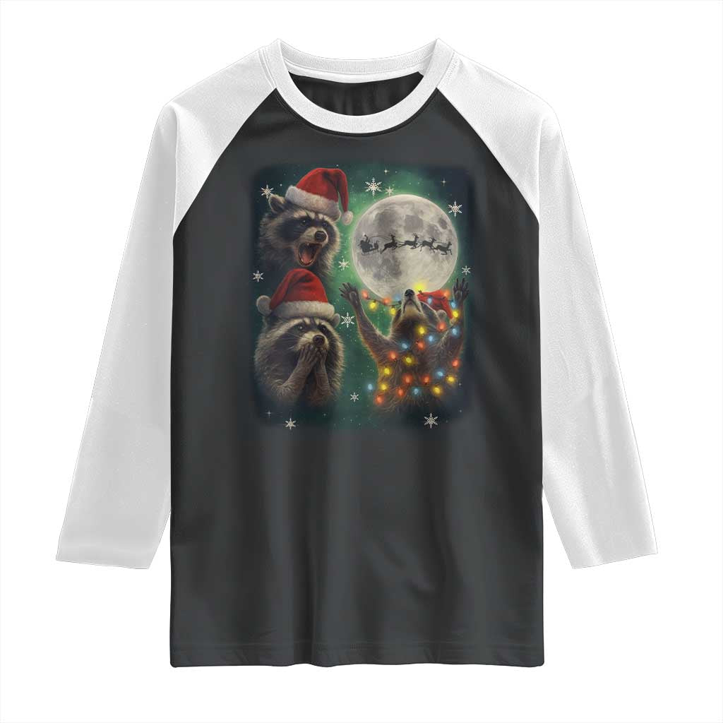 Funny Three Raccoons With The Moon Christmas Raglan Shirt Santa Sleigh TS11 Black White Print Your Wear