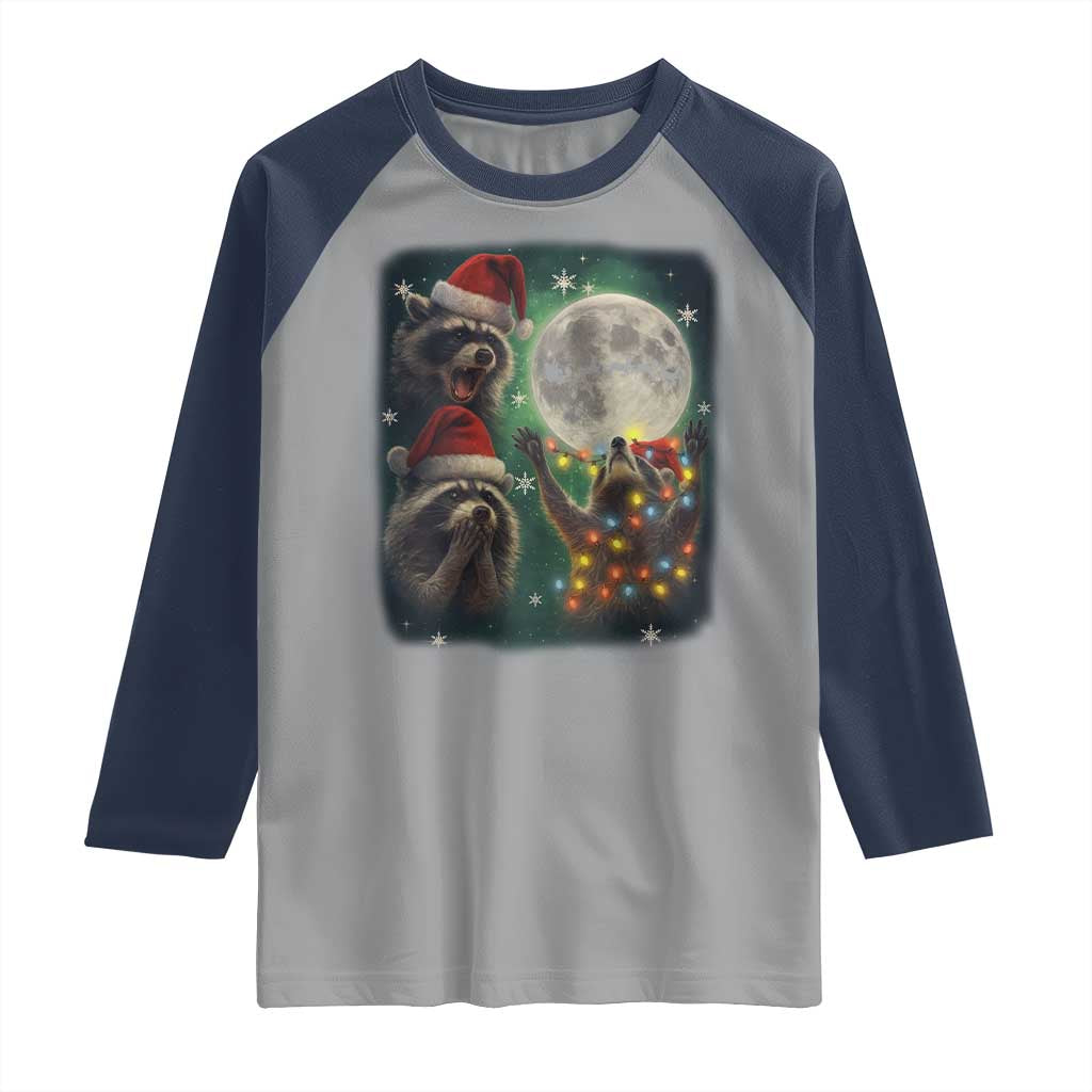 Funny Three Raccoons With The Moon Christmas Raglan Shirt Santa Sleigh TS11 Sport Gray Navy Print Your Wear