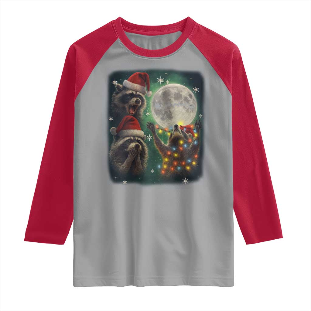 Funny Three Raccoons With The Moon Christmas Raglan Shirt Santa Sleigh TS11 Sport Gray Red Print Your Wear