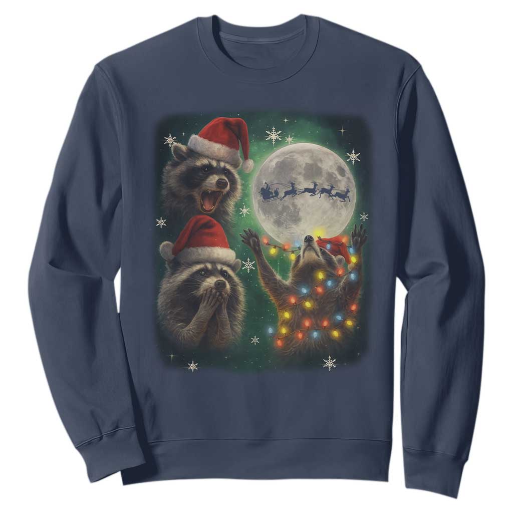 Funny Three Raccoons With The Moon Christmas Sweatshirt Santa Sleigh TS11 Navy Print Your Wear