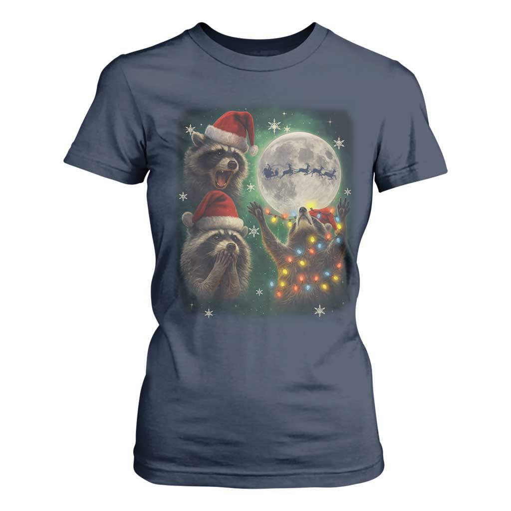 Funny Three Raccoons With The Moon Christmas T Shirt For Women Santa Sleigh TS11 Navy Print Your Wear