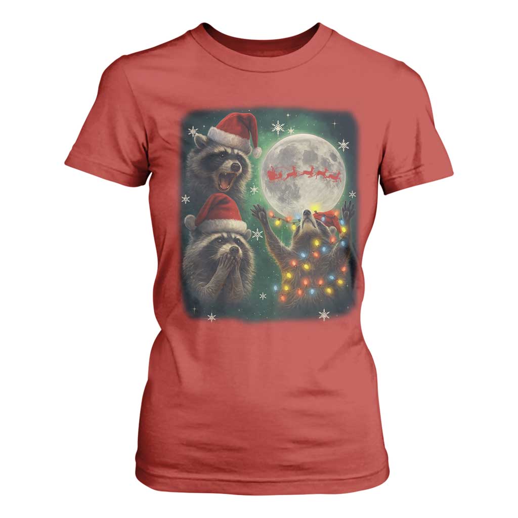 Funny Three Raccoons With The Moon Christmas T Shirt For Women Santa Sleigh TS11 Red Print Your Wear