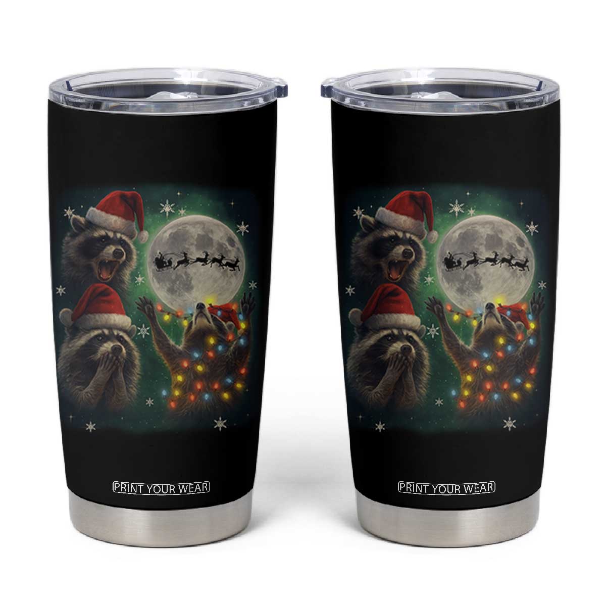Funny Three Raccoons With The Moon Christmas Tumbler Cup Santa Sleigh TS11 Black Print Your Wear