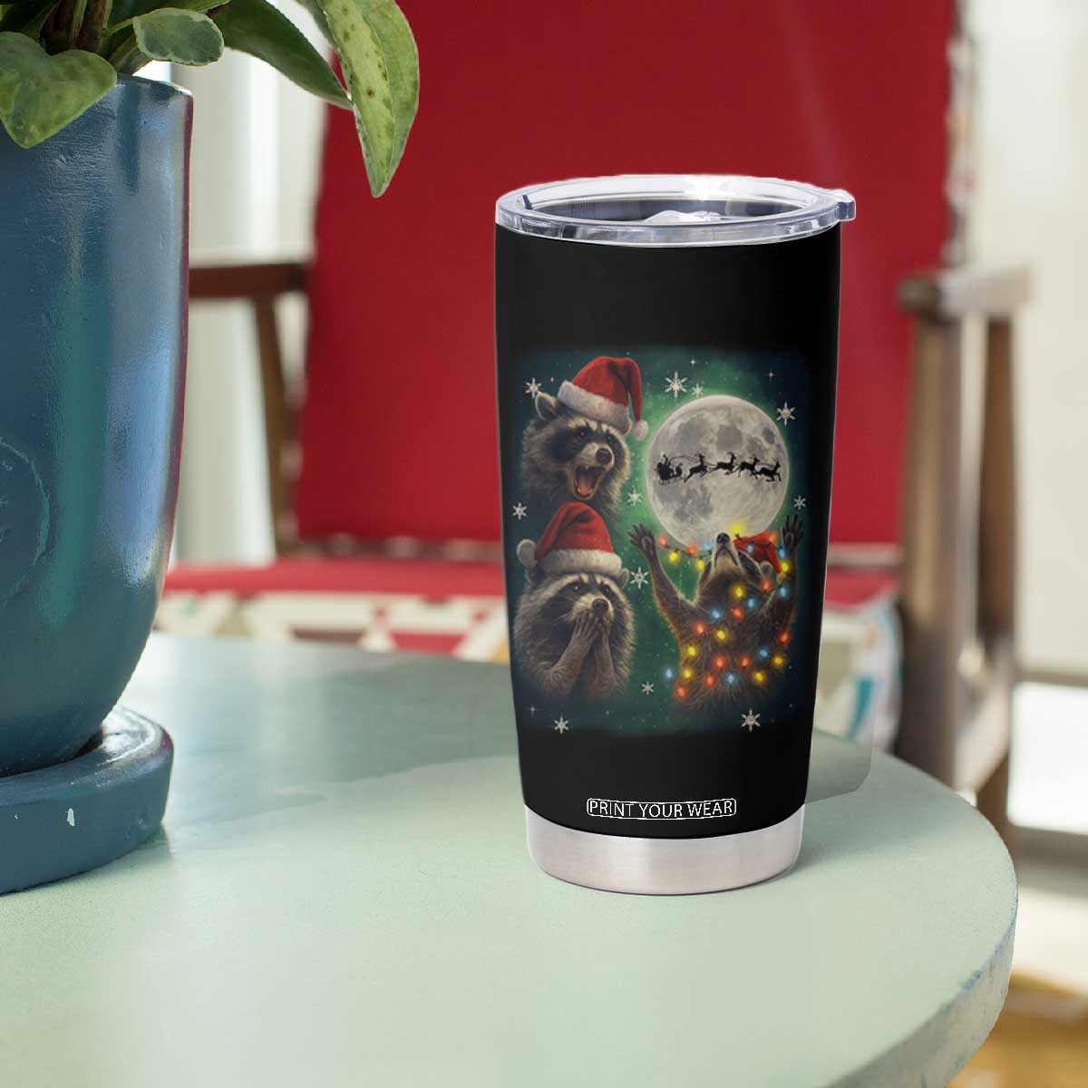 Funny Three Raccoons With The Moon Christmas Tumbler Cup Santa Sleigh TS11 Print Your Wear