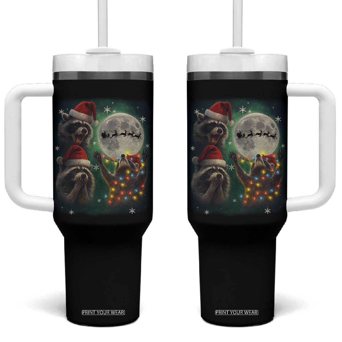 Funny Three Raccoons With The Moon Christmas Tumbler With Handle Santa Sleigh TS11 One Size: 40 oz Black Print Your Wear