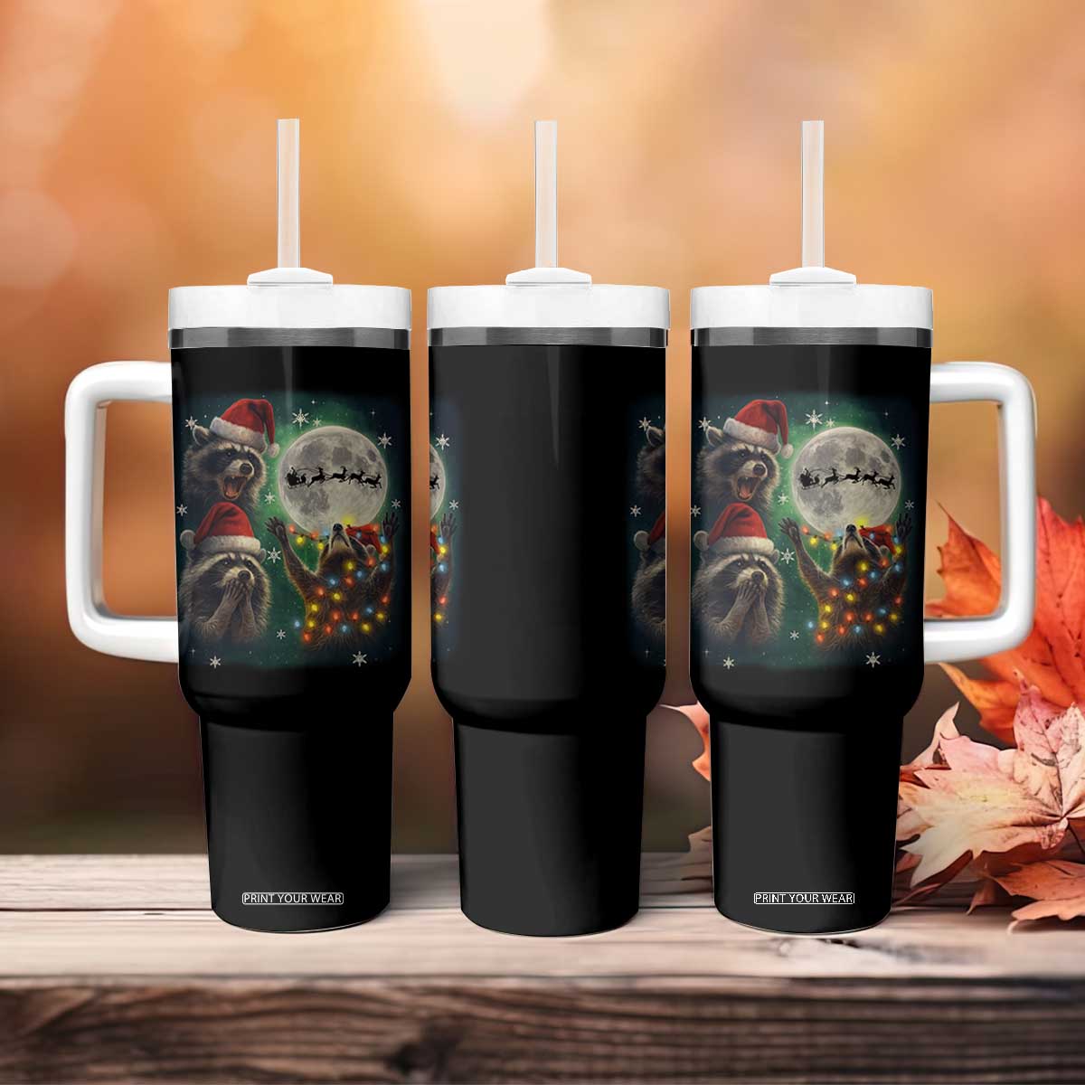 Funny Three Raccoons With The Moon Christmas Tumbler With Handle Santa Sleigh TS11 Print Your Wear