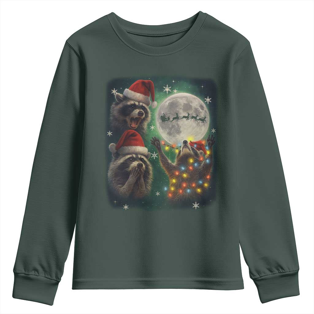 Funny Three Raccoons With The Moon Christmas Youth Sweatshirt Santa Sleigh TS11 Dark Forest Green Print Your Wear