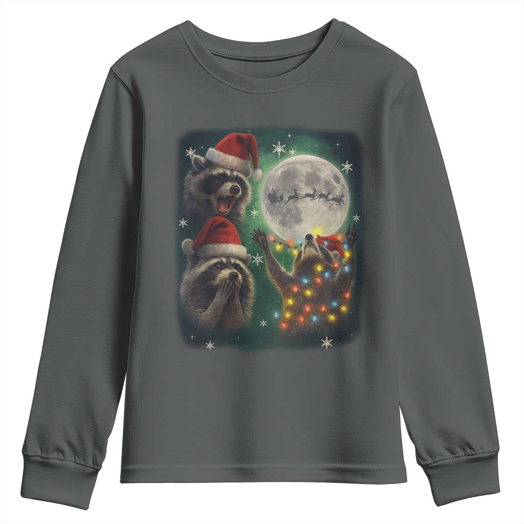 Funny Three Raccoons With The Moon Christmas Youth Sweatshirt Santa Sleigh TS11 Dark Heather Print Your Wear