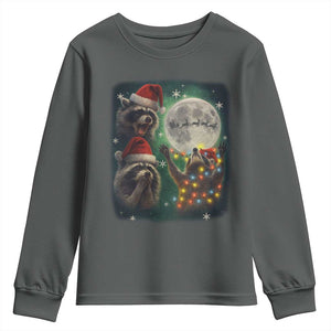 Funny Three Raccoons With The Moon Christmas Youth Sweatshirt Santa Sleigh TS11 Dark Heather Print Your Wear