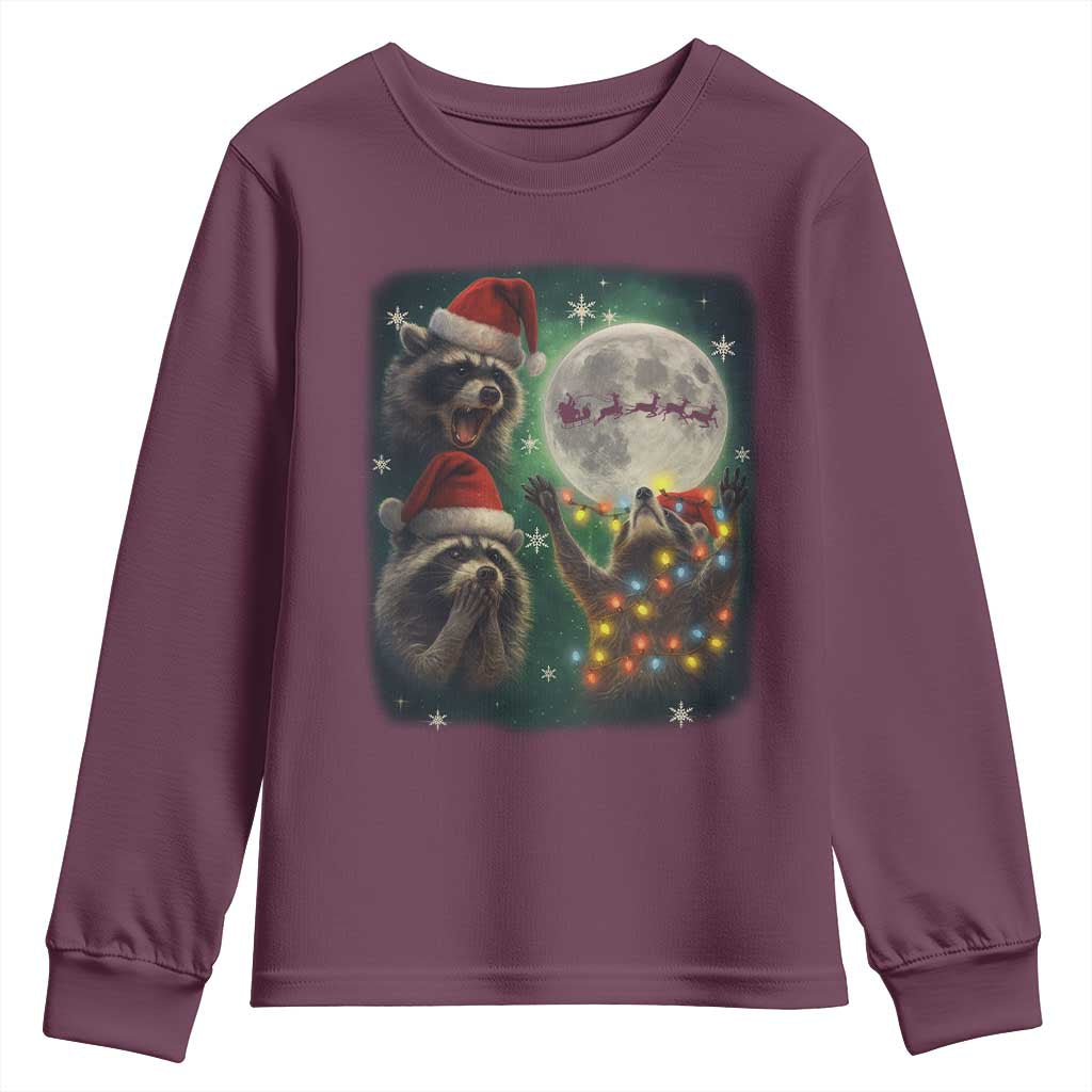 Funny Three Raccoons With The Moon Christmas Youth Sweatshirt Santa Sleigh TS11 Maroon Print Your Wear