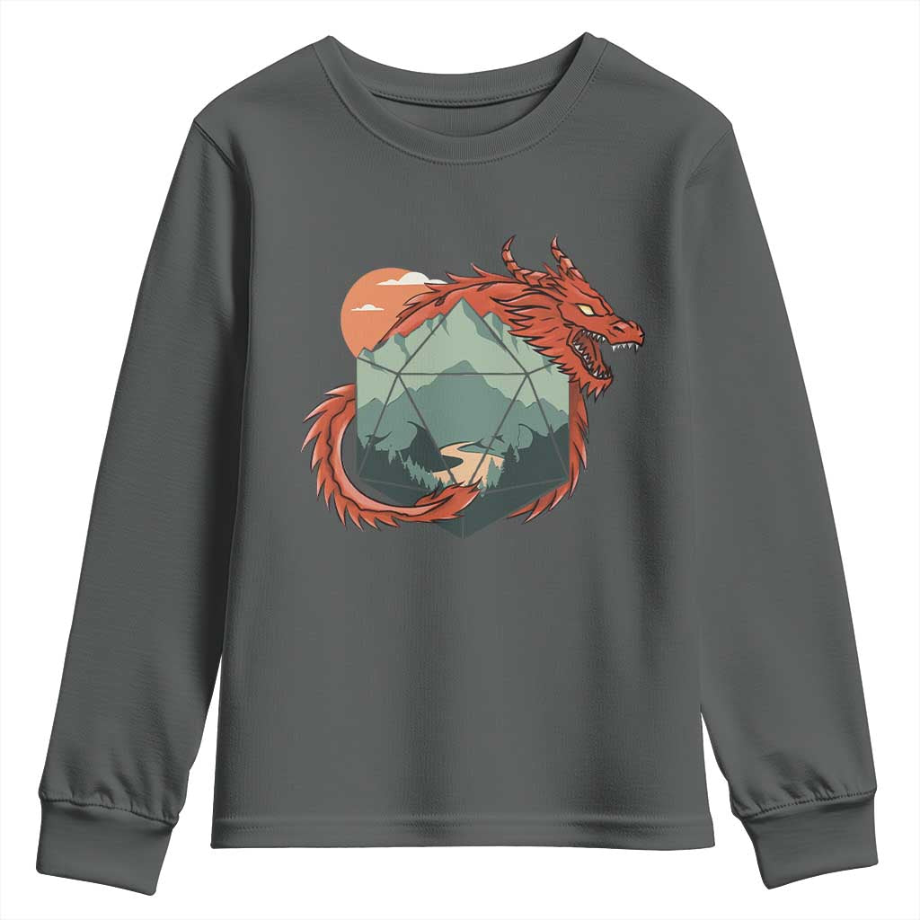 Funny Dragon Tabletop RPG Dice Game Youth Sweatshirt TS11 Dark Heather Print Your Wear