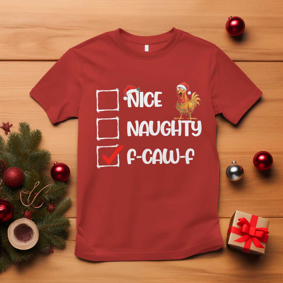 Funny F Caw F Chicken Christmas T Shirt Nice Naughty Cartoon Rooster Poultry Animal TS11 Red Print Your Wear