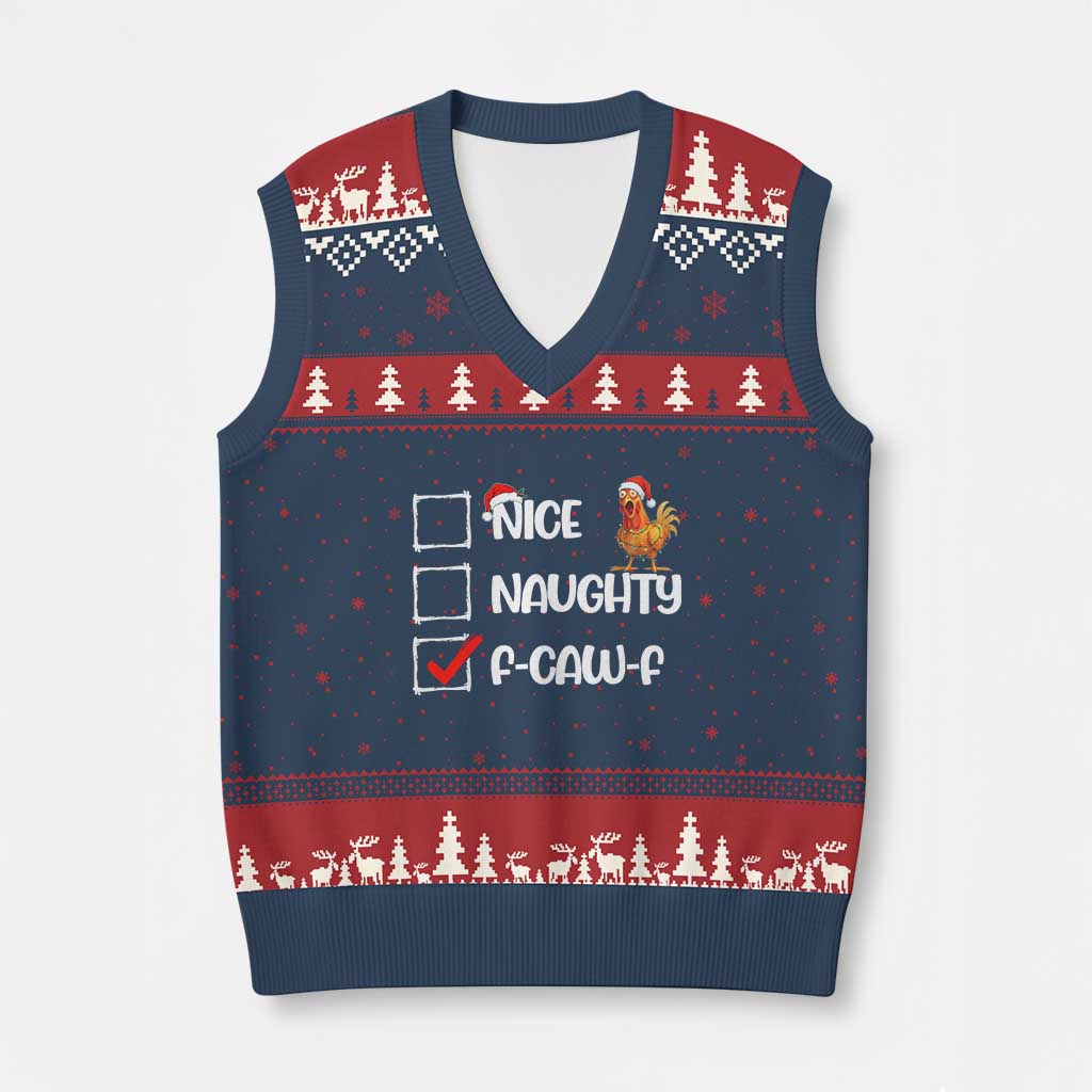 Funny F Caw F Chicken Xmas V-Neck Knit Sweater Vest Nice Naughty Cartoon Rooster Poultry Animal TS11 Navy Red Print Your Wear