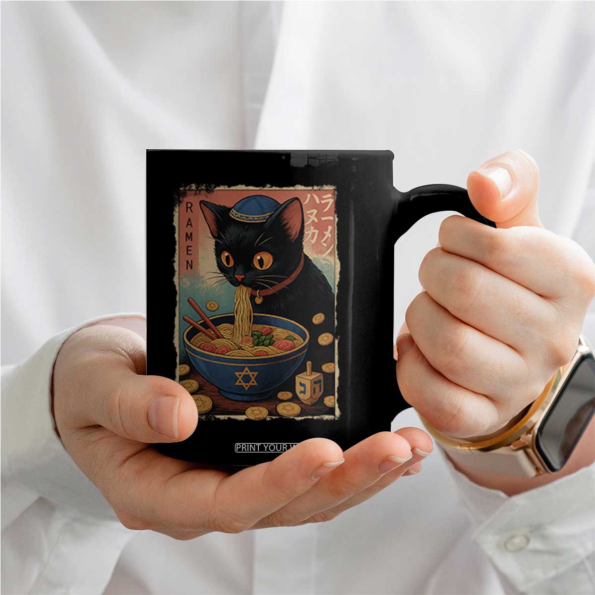 Cat Ramen Hanukkah Coffee Mug Japanese Kawaii Anime Chanukah Cat TS11 Print Your Wear