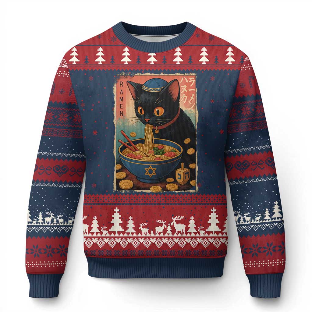 Cat Ramen Hanukkah Ugly Christmas Sweater Japanese Kawaii Anime Chanukah Cat TS11 Navy Red Print Your Wear