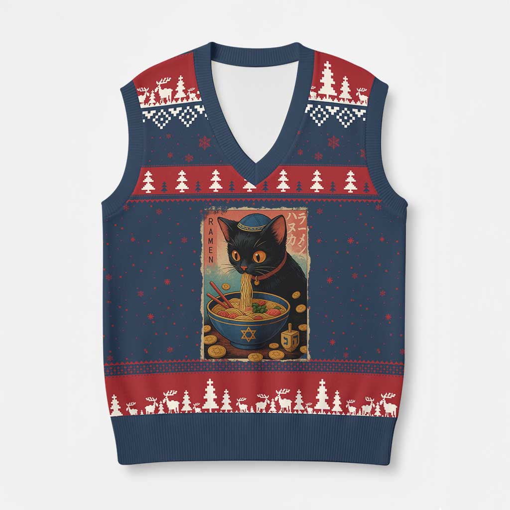 Cat Ramen Hanukkah V-Neck Knit Sweater Vest Japanese Kawaii Anime Chanukah Cat TS11 Navy Red Print Your Wear