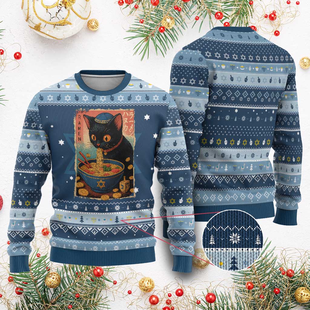 Cat Ramen Chanukah Hanukkah Ugly Sweater Japanese Kawaii Anime Cat TS11 Navy Light Blue Print Your Wear