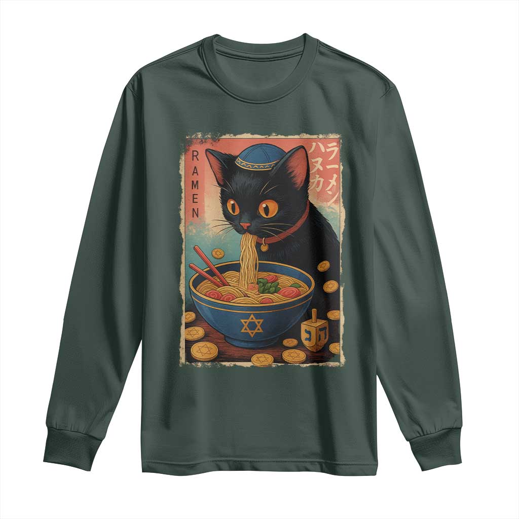 Cat Ramen Hanukkah Long Sleeve Shirt Japanese Kawaii Anime Chanukah Cat TS11 Dark Forest Green Print Your Wear